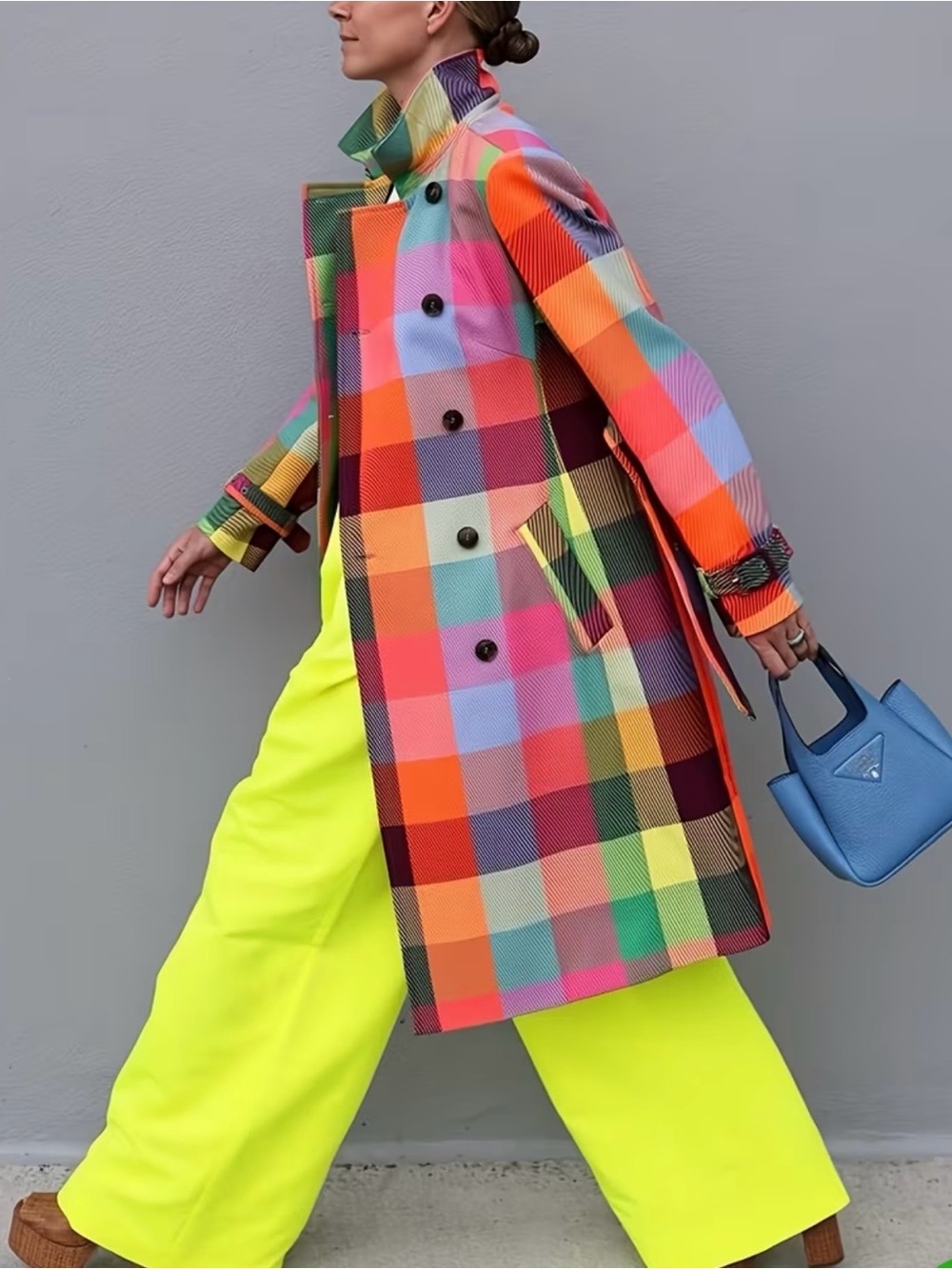 SHEIN Multicolor Plaid Trench Coat - Orange, Pink, Blue, Green, Yellow